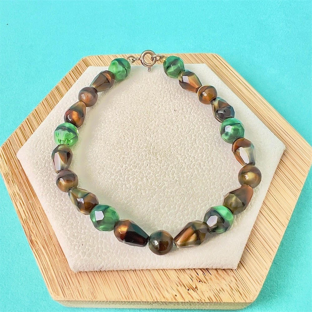 Bracelet Womens 7 in Green & Brown Faceted Beaded Glass Boho Handmade